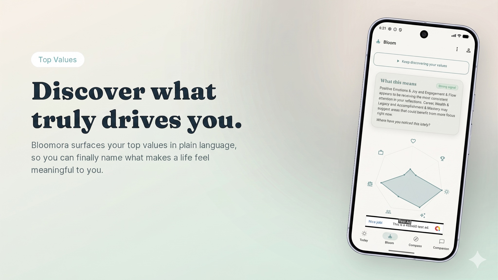 Bloomora Top Values screen — discover what truly drives your decisions