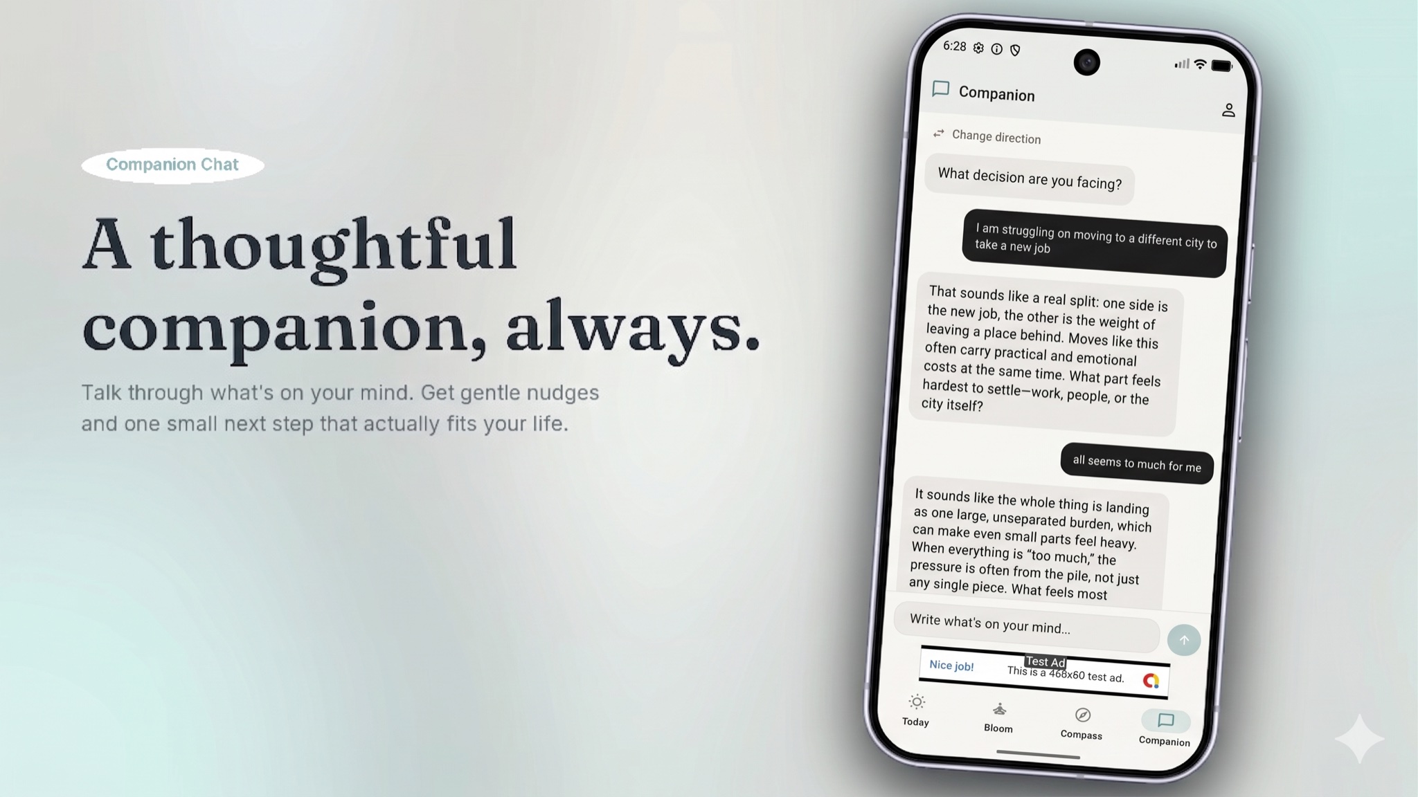Bloomora Companion Chat — AI that knows your values and personal history