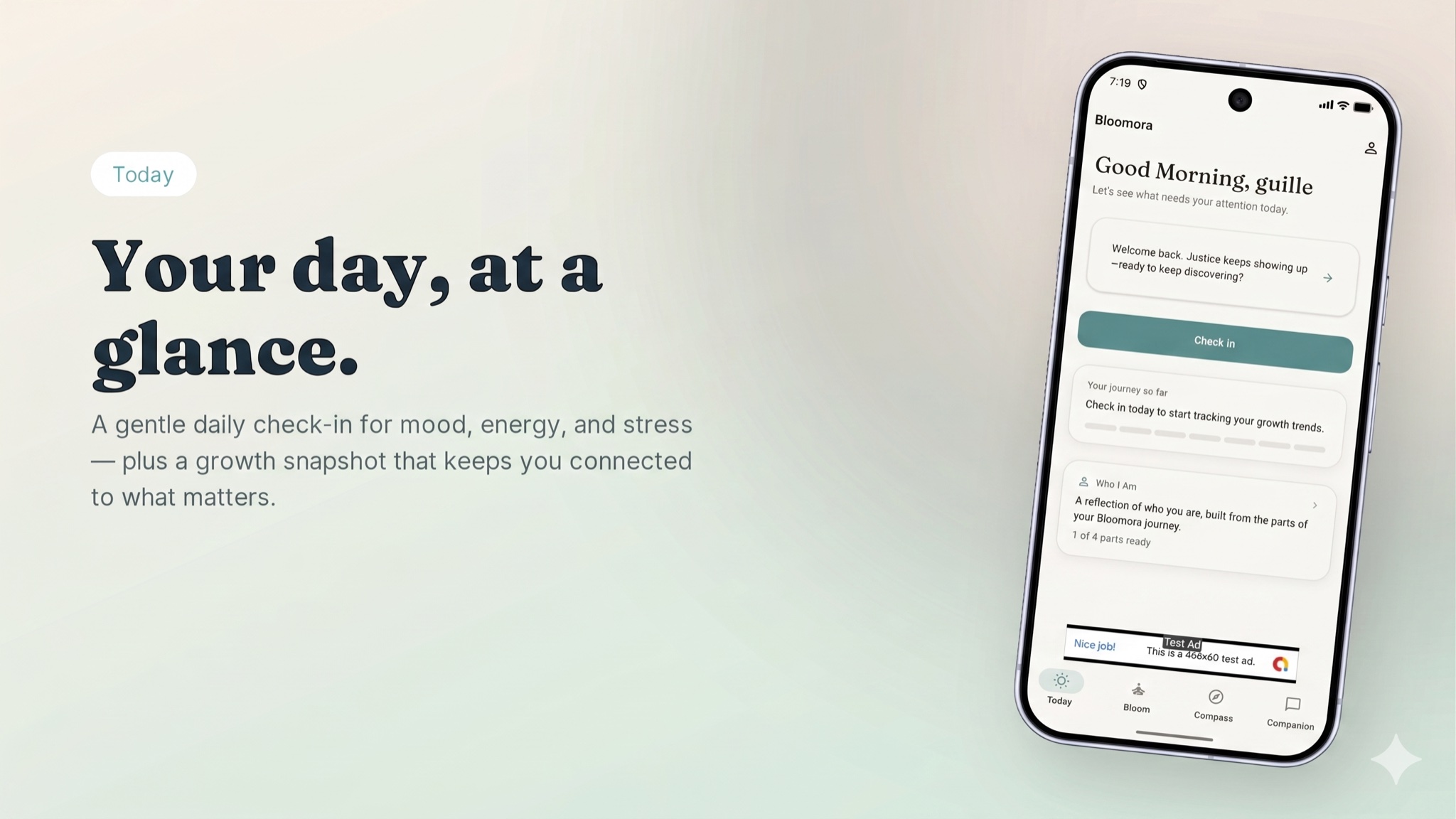 Bloomora Today screen — daily mood, energy, and stress check-in with growth snapshot